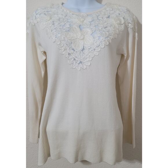 Laseine Cream Soft Stitched Flowers On Bodice Sweater Small Long Sleeve Delicate - Picture 1 of 5